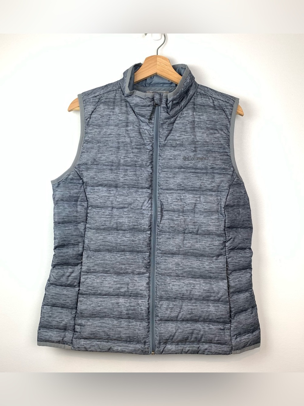 Columbia Puffer Vest 650 Down Feathers Gray Sz Large pockets Outdoors Hiking